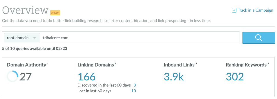 domain authority results from Moz