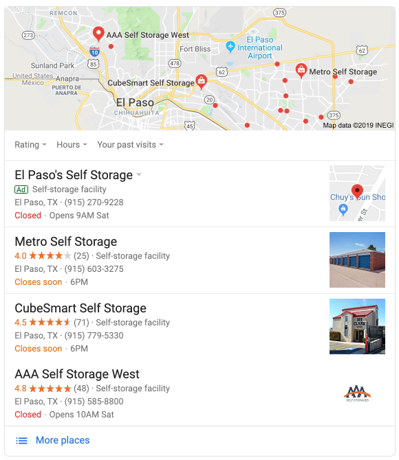 local search results for a self storage facility in El Paso, TX
